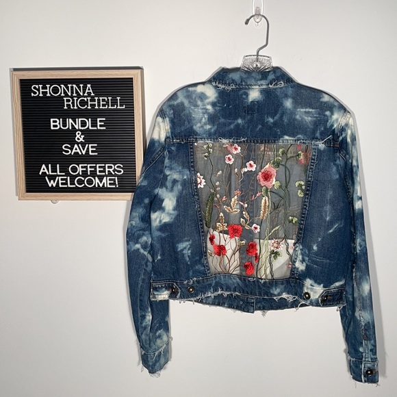 Custom Tie Dye Bleached & Distressed Denim/Jean Jacket with Embellished Tulle XL - Picture 2 of 12